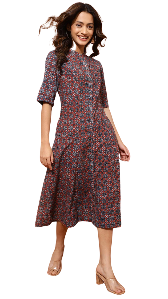 Vestido largo Ajrakh estampado a mano. Azul