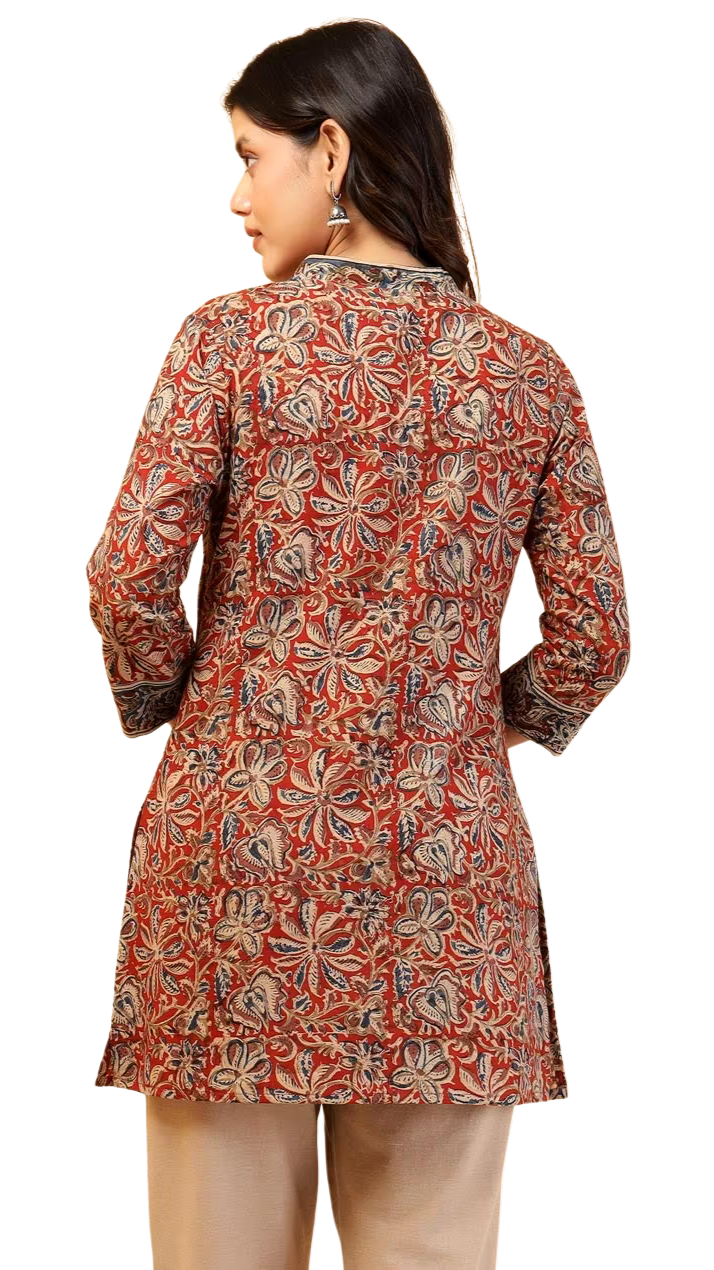 Kurta short kalamkari. Marrón. Slim Fit PREVENTA
