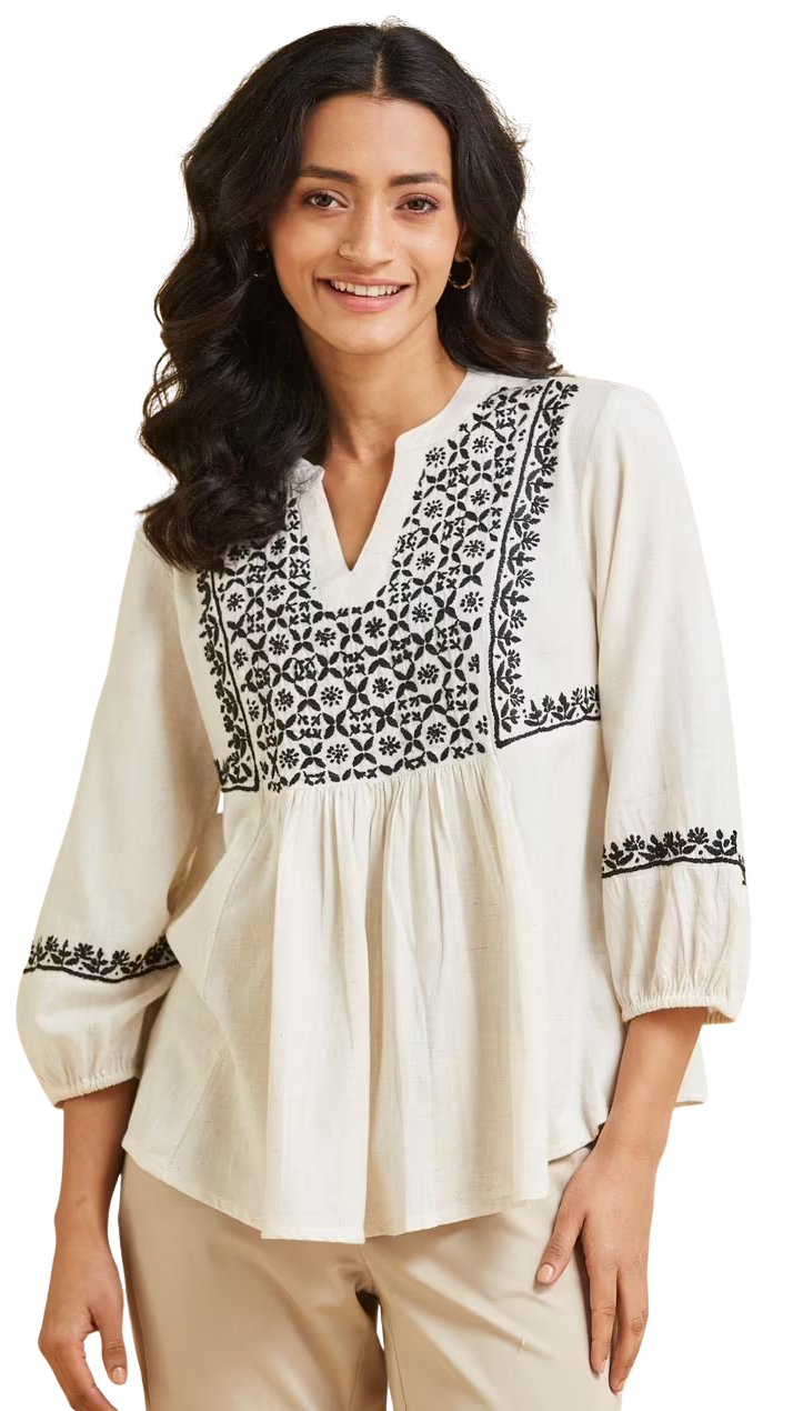 Blusa con bordado chikankari. Negro sobre neutro PREVENTA