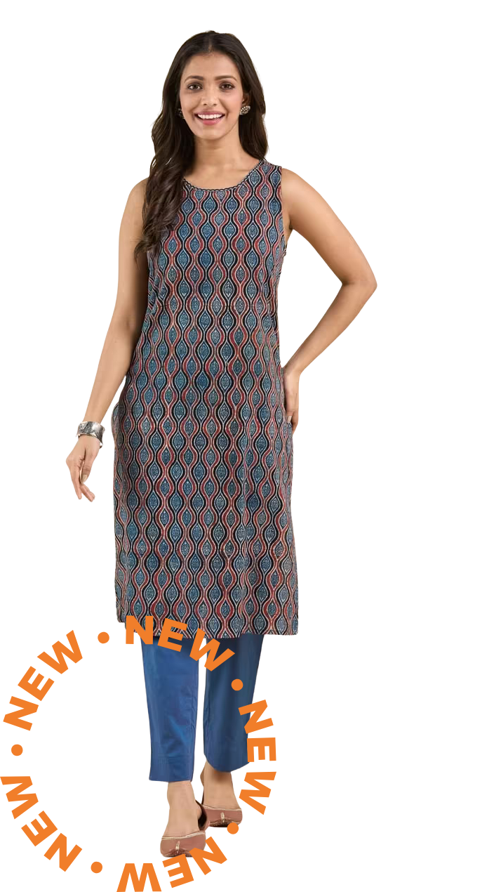 Kurta larga sin mangas Ajrakh. Índigo. Slim Fit PREVENTA