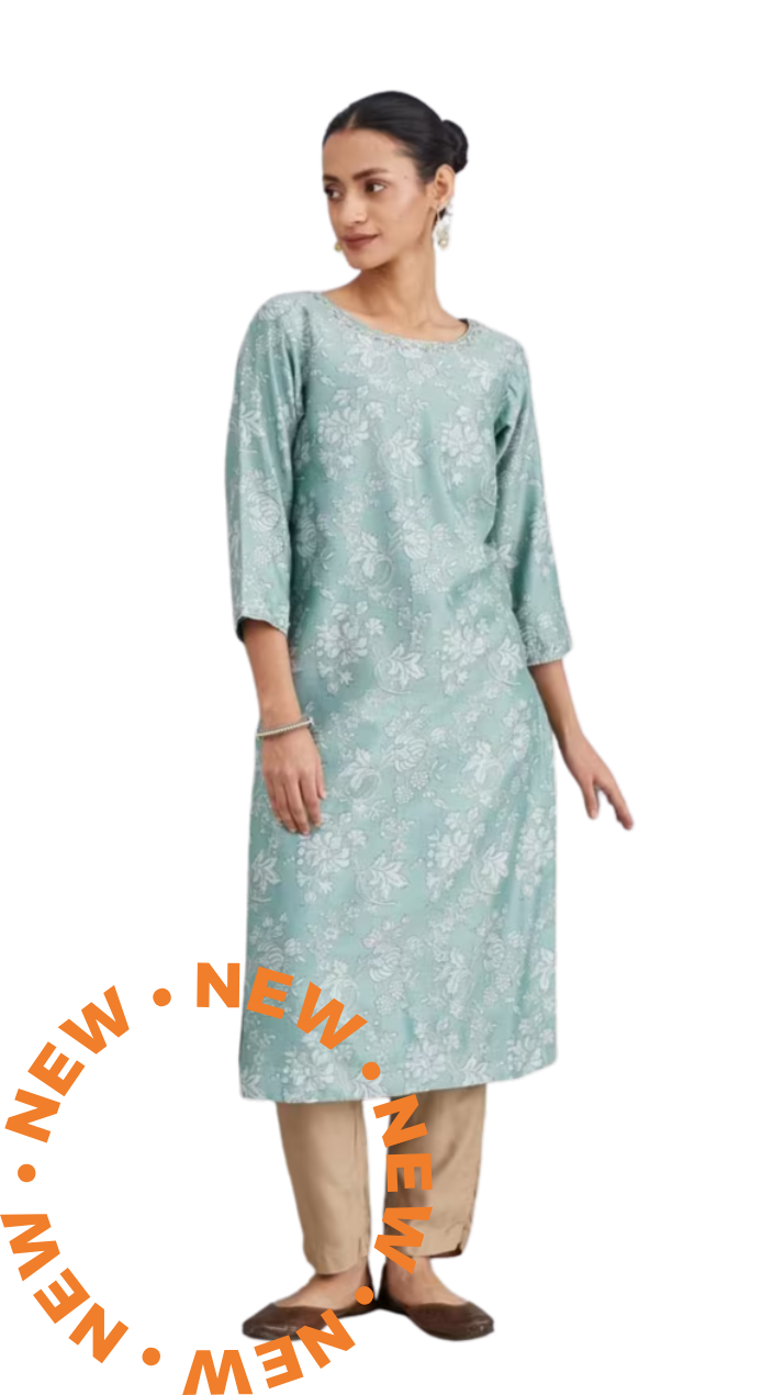 Kurta larga de seda y algodón estampada. Turquesa