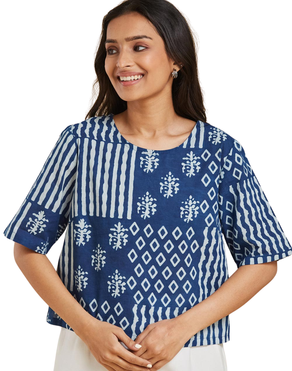 PREVENTA - Blusa crop top estampada. Dabu índigo