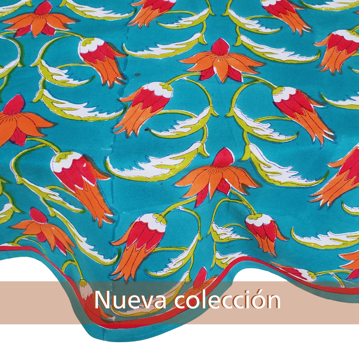 Mantel redondo 100% algodón estampado a mano. Protea en turquesa