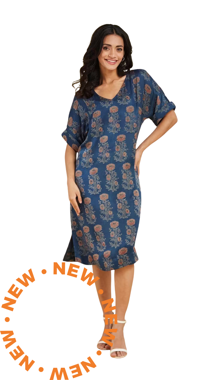 Vestido largo Ajrakh. Manga al codo . Azul y rojo PREVENTA