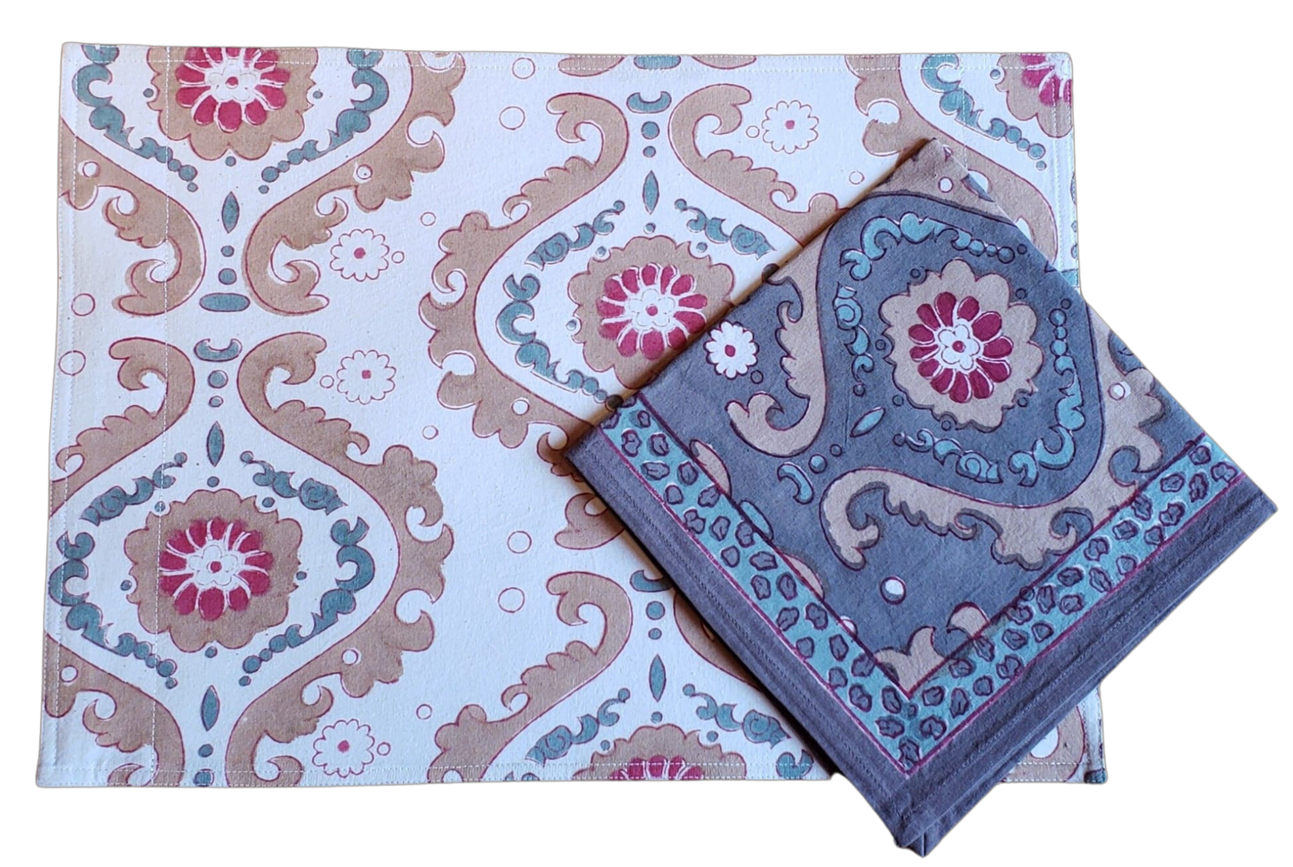 Mantel individual con servilleta. Estampado a mano