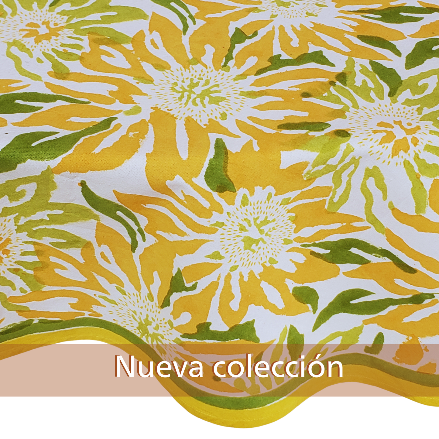 Mantel redondo 100% algodón estampado a mano. Girasoles