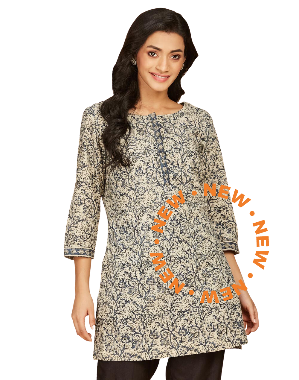 Kurta corta kalamkari. Beige y azul