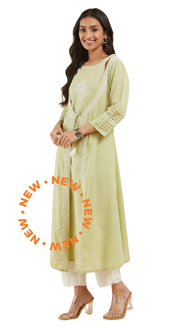 Kurta larga (set) con bordado chikankari. Verde. slim fit