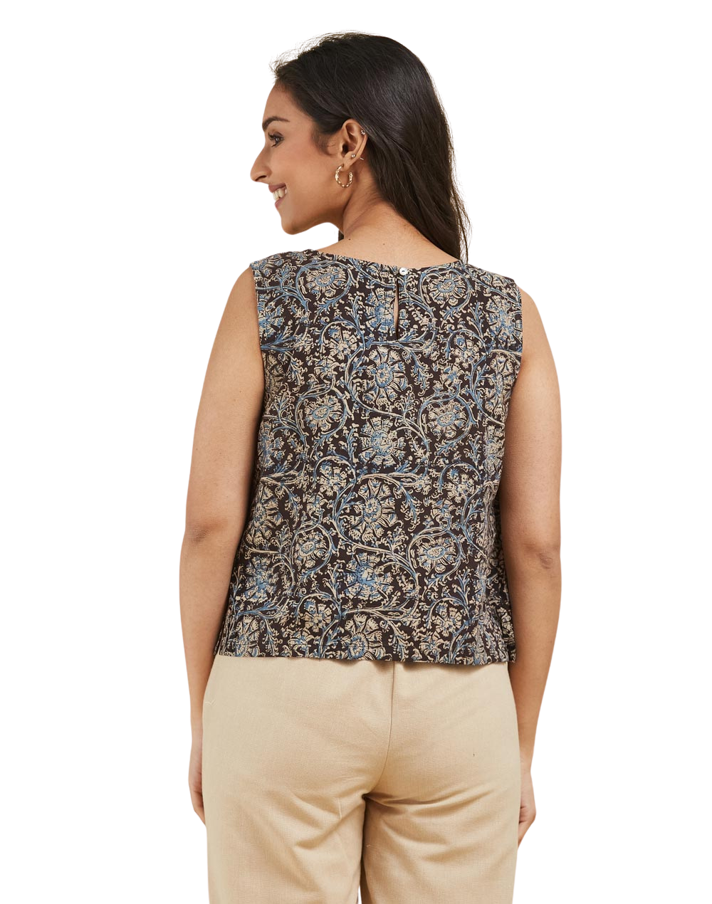 Blusa sin mangas estampada. Kalamkari Beige/negra