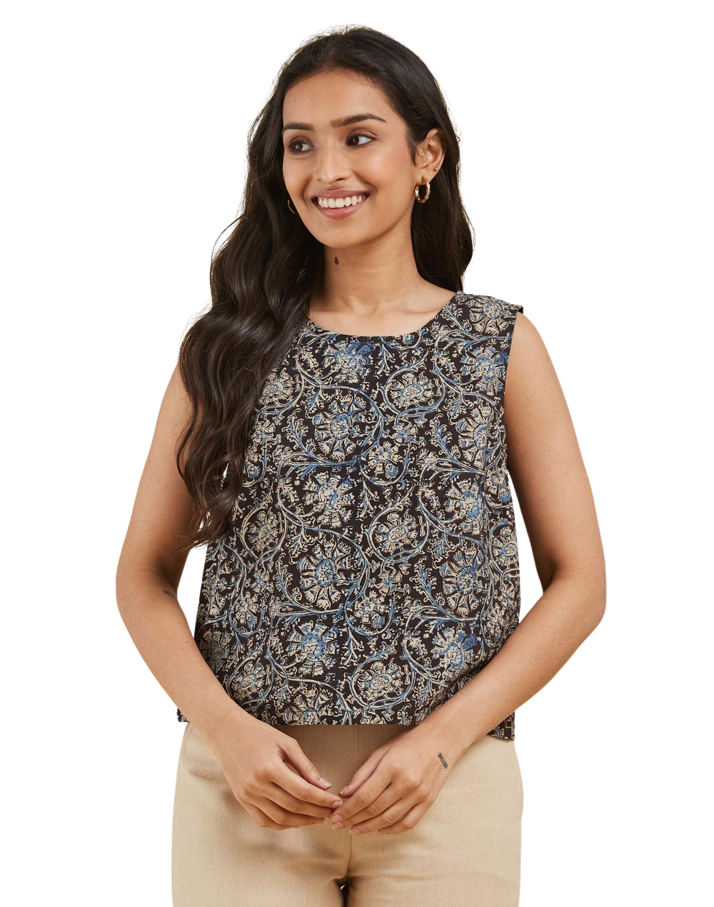 Blusa sin mangas estampada. Kalamkari Beige/negra