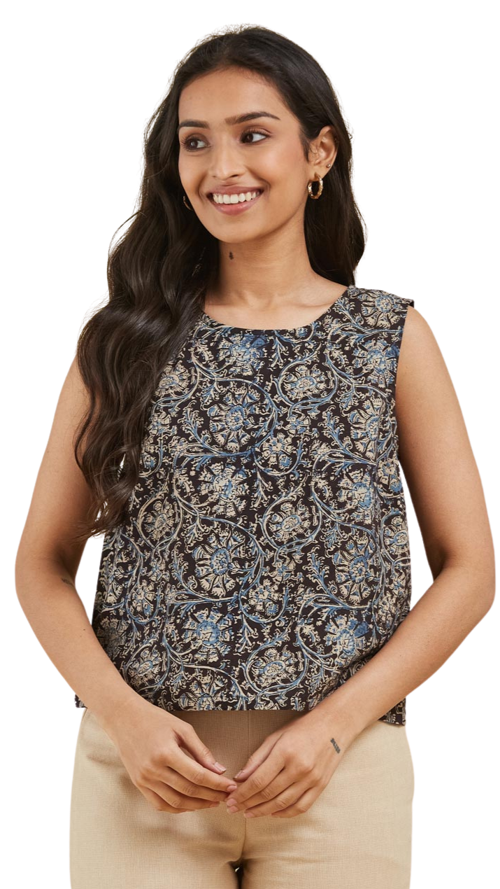 Blusa sin mangas estampada. Kalamkari Beige/negra