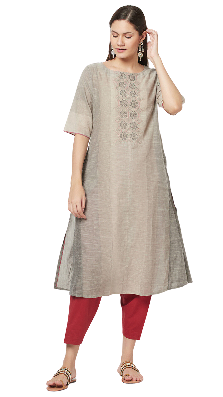 Kurta larga con bordado a mano. Gris
