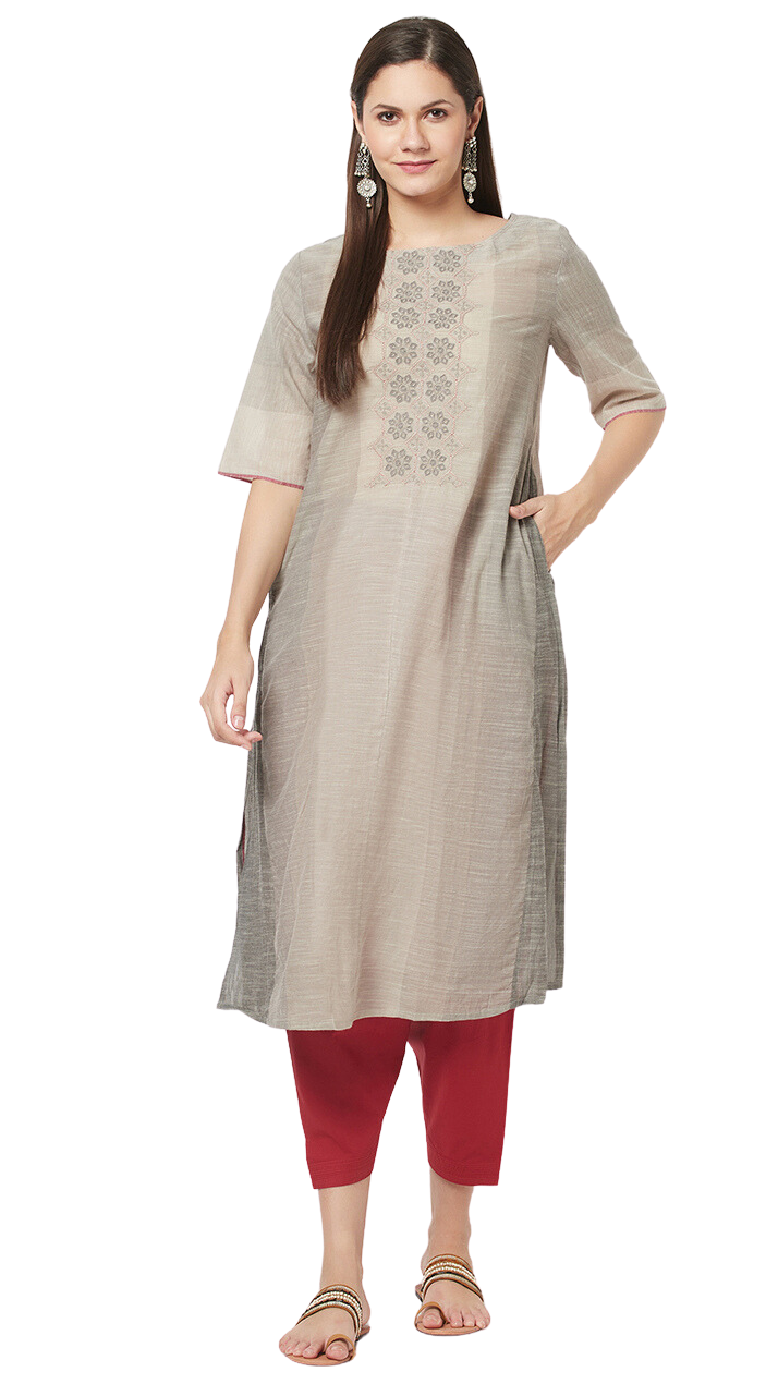 Kurta larga con bordado a mano. Gris