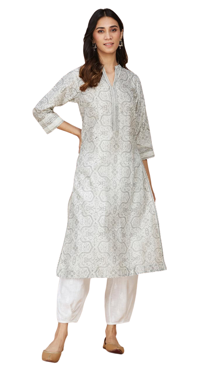 Kurta larga de seda con cuello en V. Gris