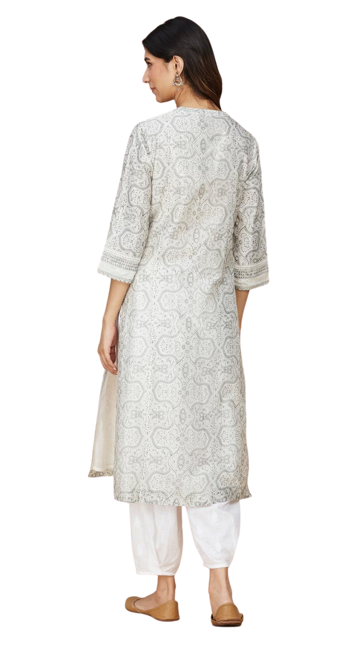 Kurta larga de seda con cuello en V. Gris