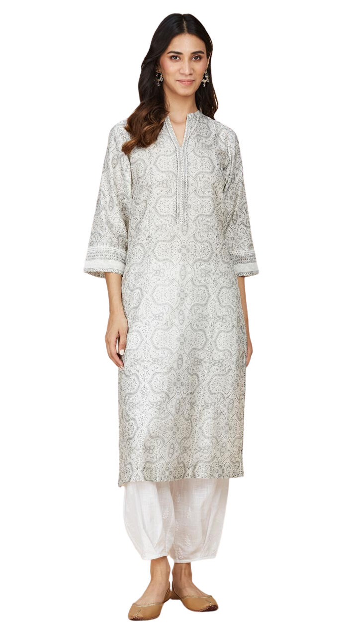 Kurta larga de seda con cuello en V. Gris