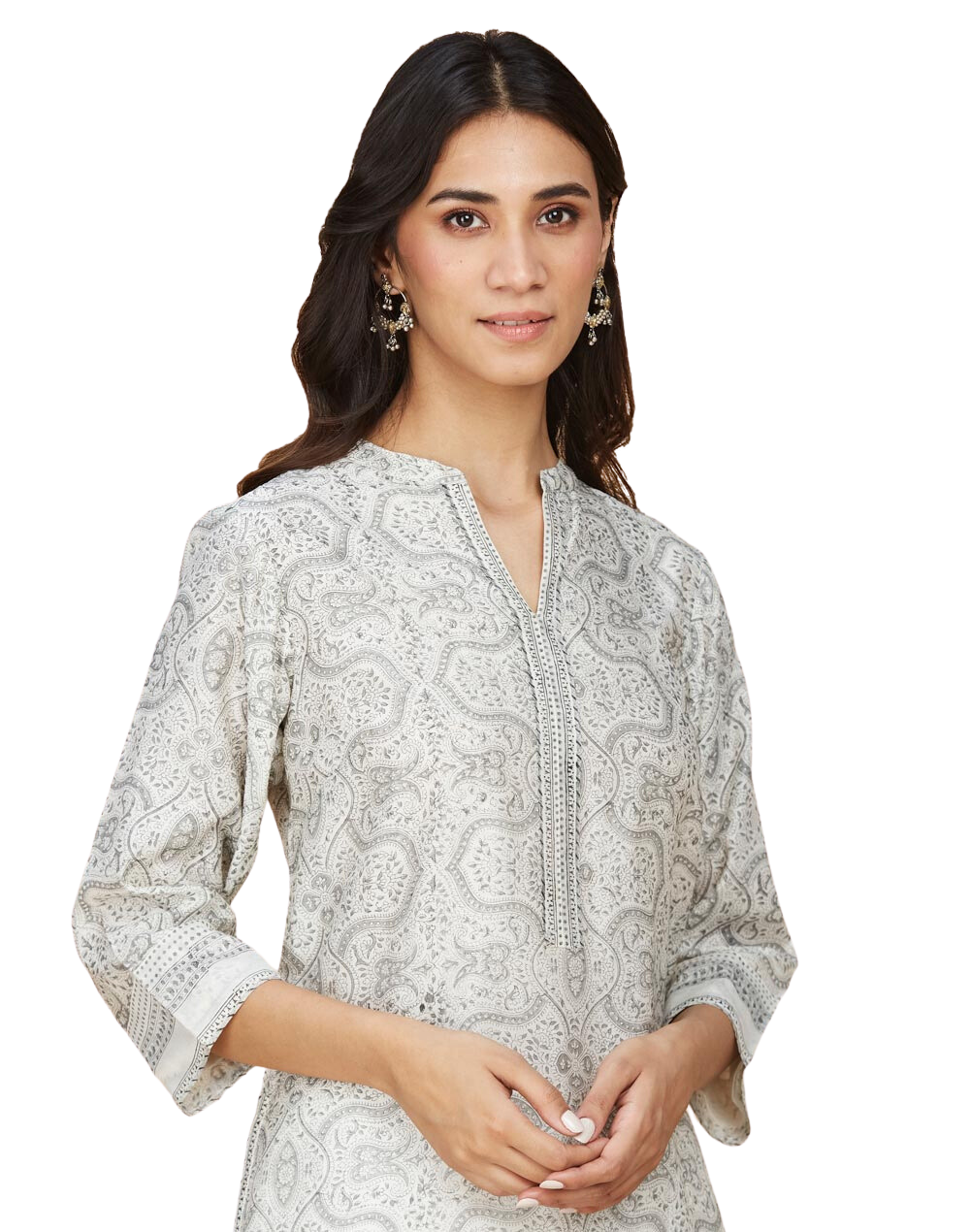 Kurta larga de seda con cuello en V. Gris