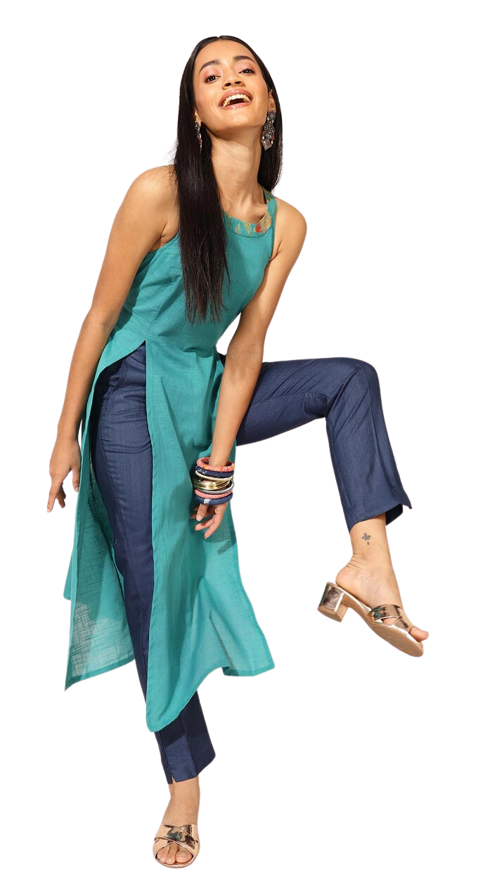 Kurta larga con aberturas al frente. Turquesa