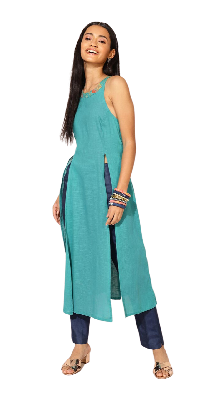 Kurta larga con aberturas al frente. Turquesa