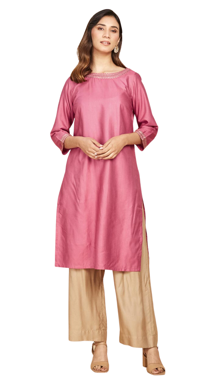 Kurta larga lisa en combinación seda. Palo de rosa