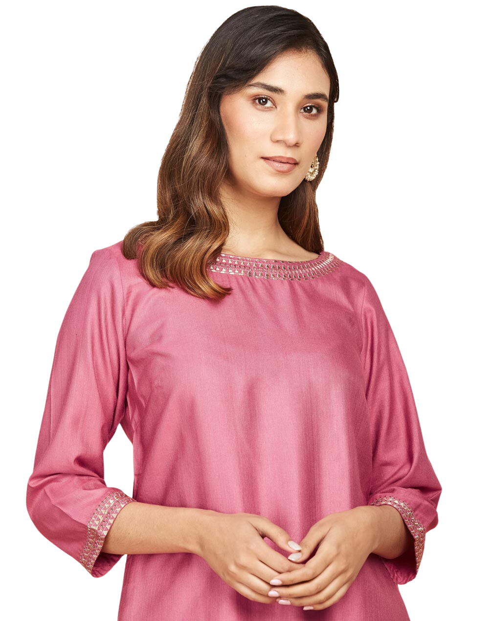 Kurta larga lisa en combinación seda. Palo de rosa