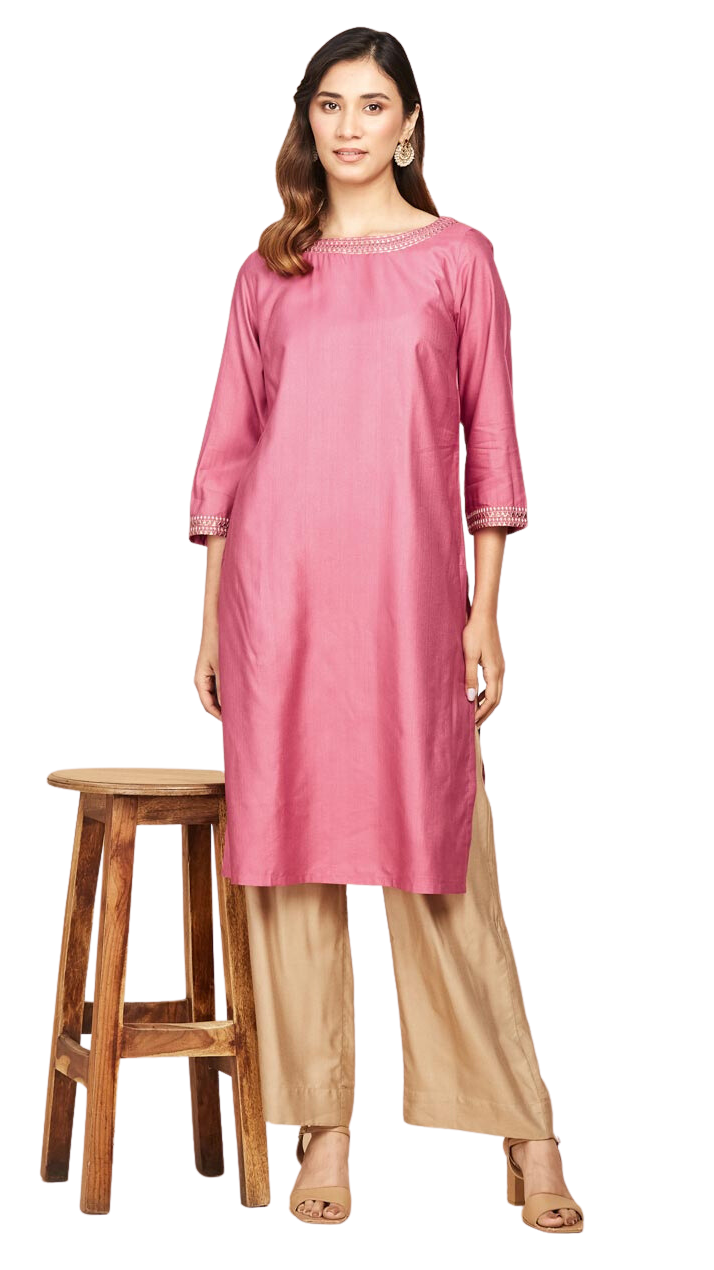 Kurta larga lisa en combinación seda. Palo de rosa