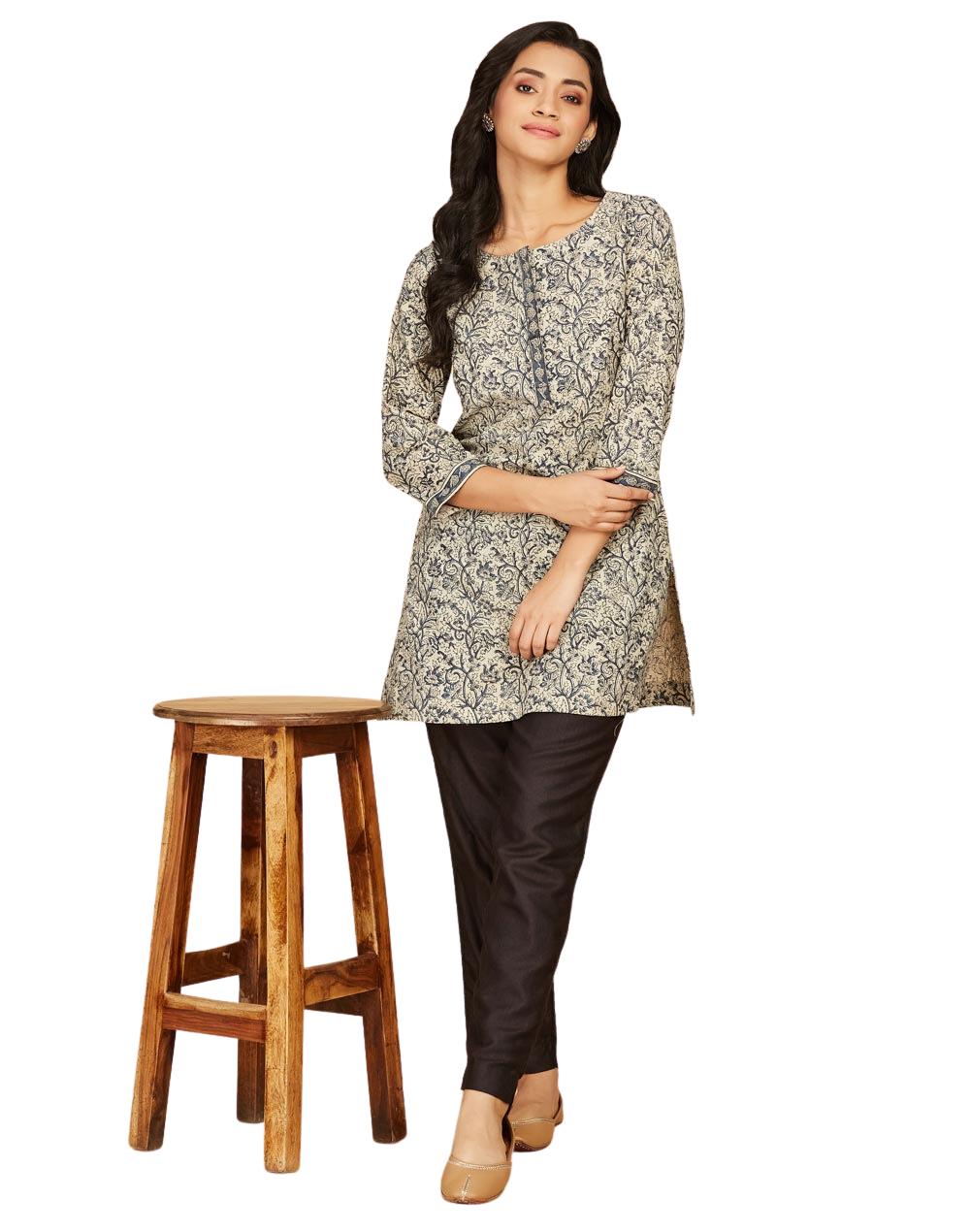 Kurta corta kalamkari. Beige y azul