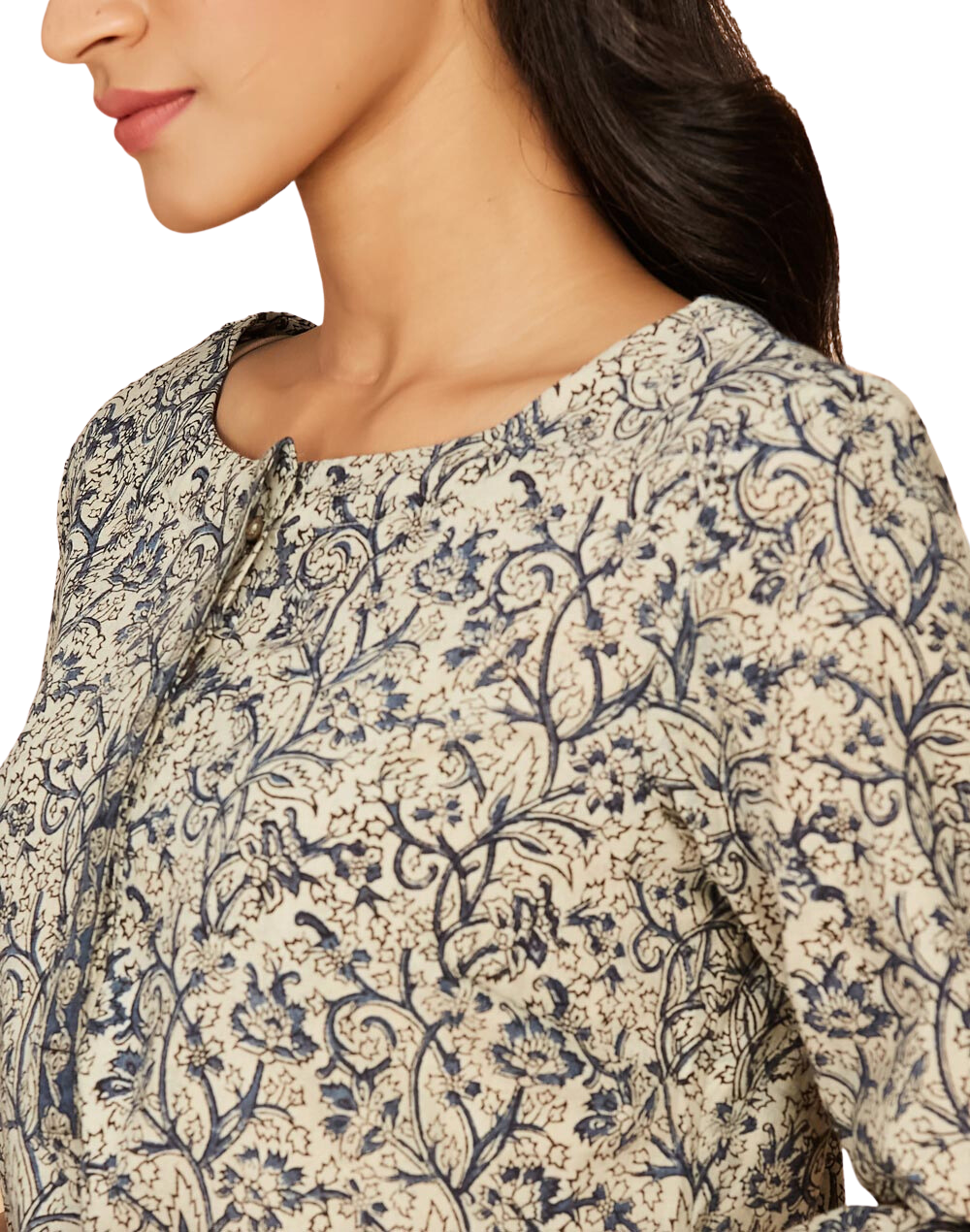 Kurta corta kalamkari. Beige y azul