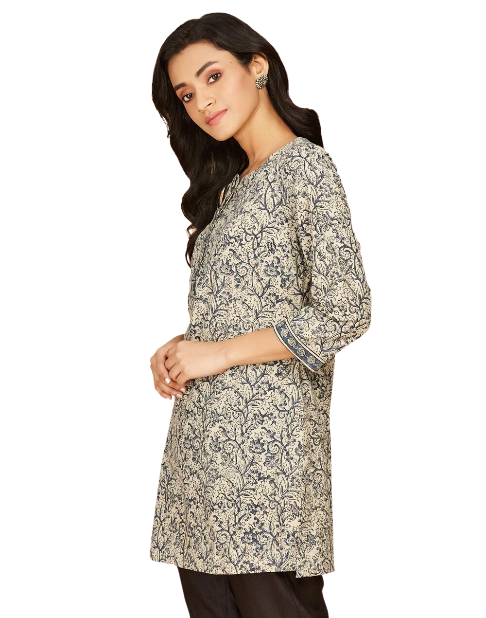 Kurta corta kalamkari. Beige y azul