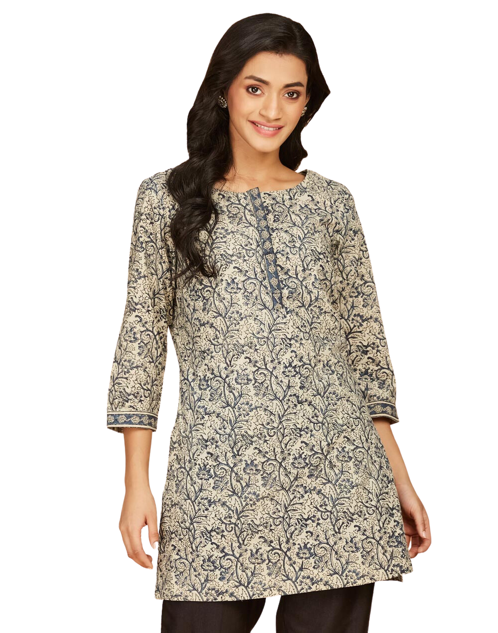 Kurta corta kalamkari. Beige y azul