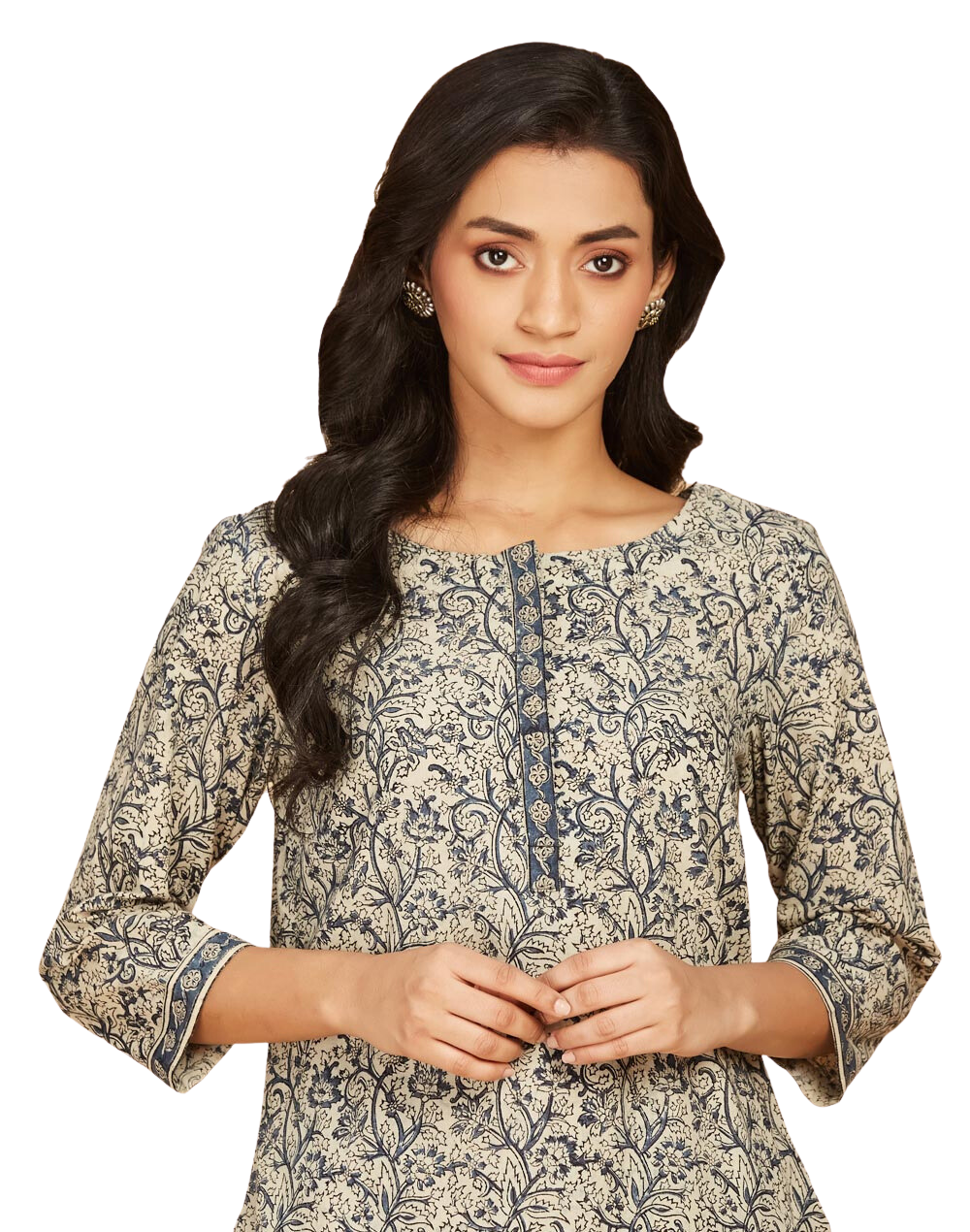 Kurta corta kalamkari. Beige y azul