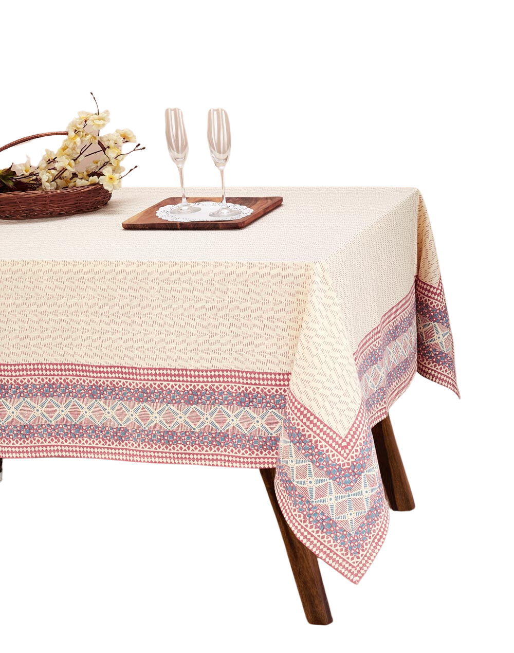 Mantel rectangular 100% algodón estampado a mano. Bhoomi Rosa