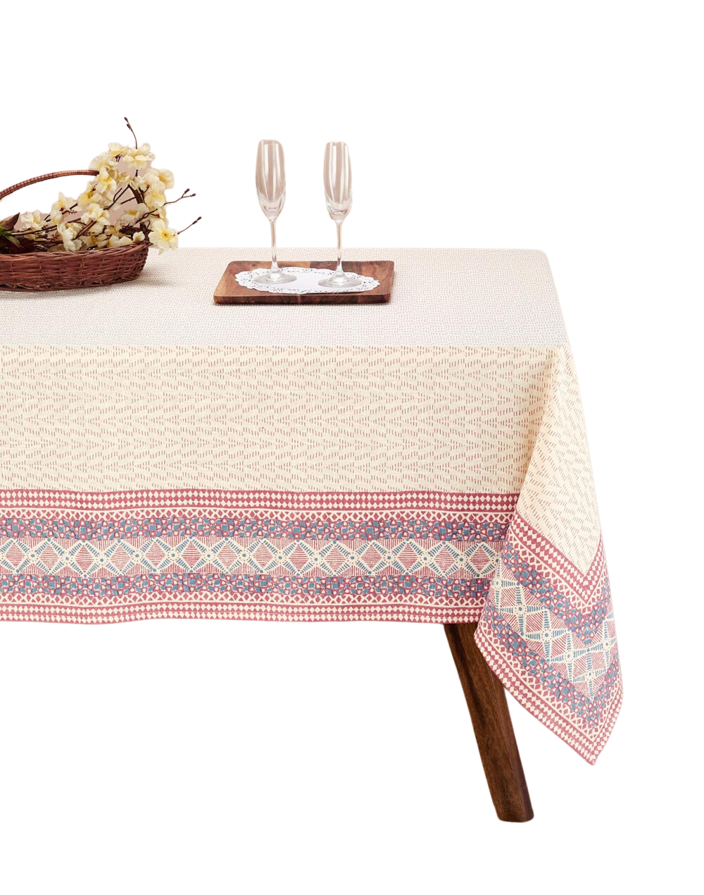 Mantel rectangular 100% algodón estampado a mano. Bhoomi Rosa