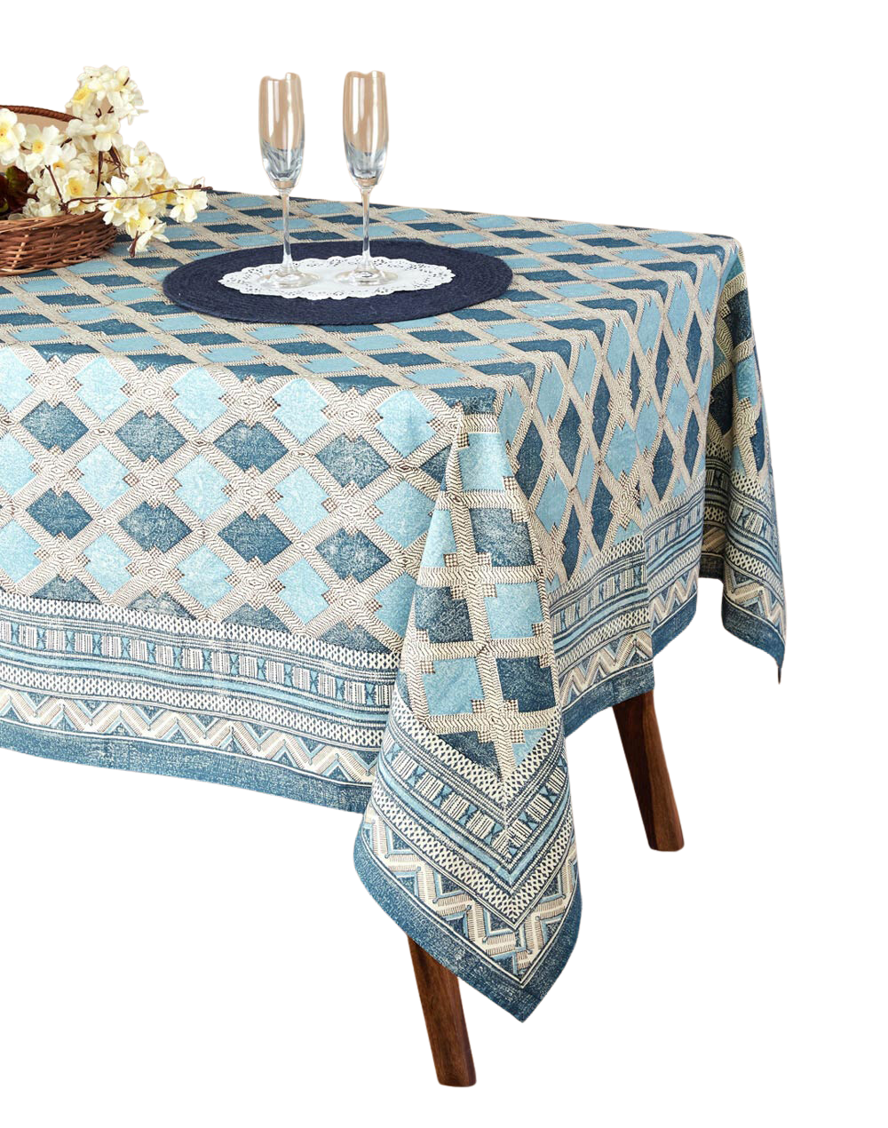 Mantel rectangular 100% algodón estampado a mano. Earthfiles Azul