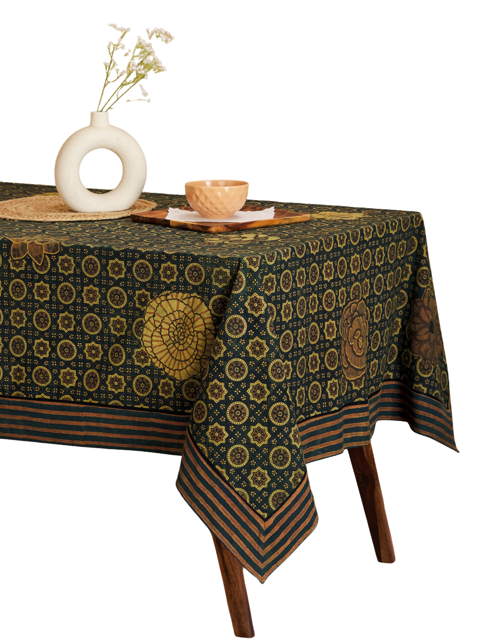 Mantel rectangular 100% algodón estampado a mano. Ipshita verde botella