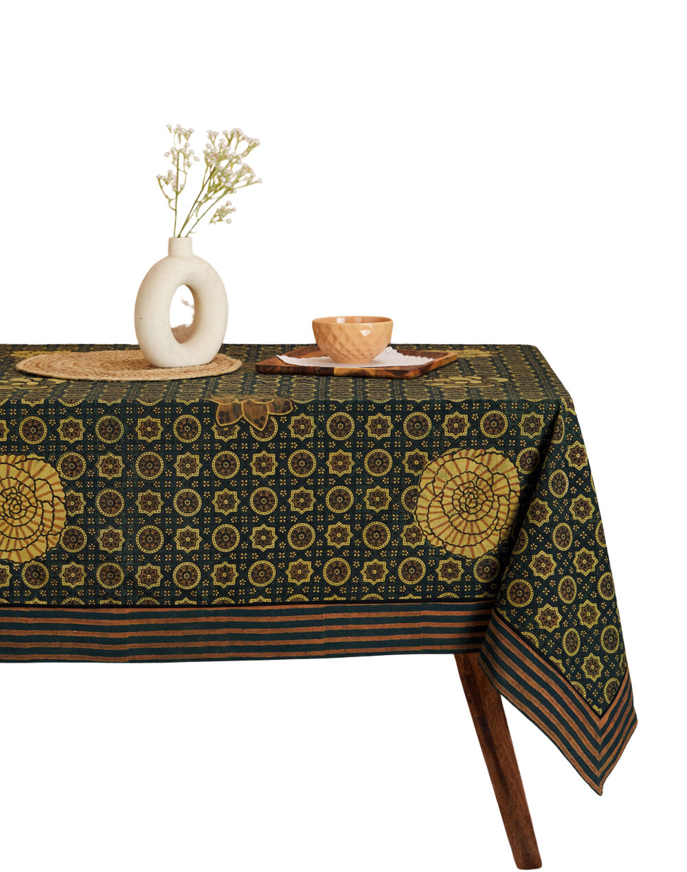 Mantel rectangular 100% algodón estampado a mano. Ipshita verde botella