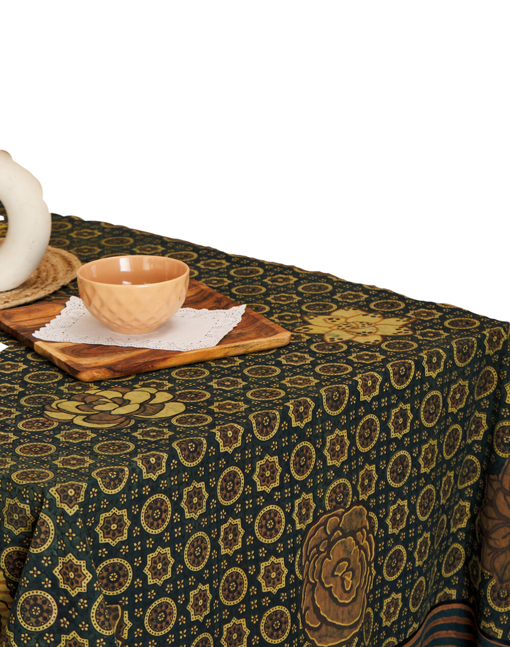 Mantel rectangular 100% algodón estampado a mano. Ipshita verde botella