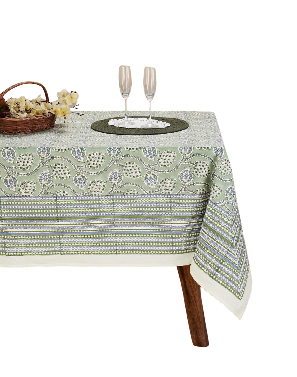 Mantel rectangular 100% algodón estampado a mano. Shalimar Anaar verde