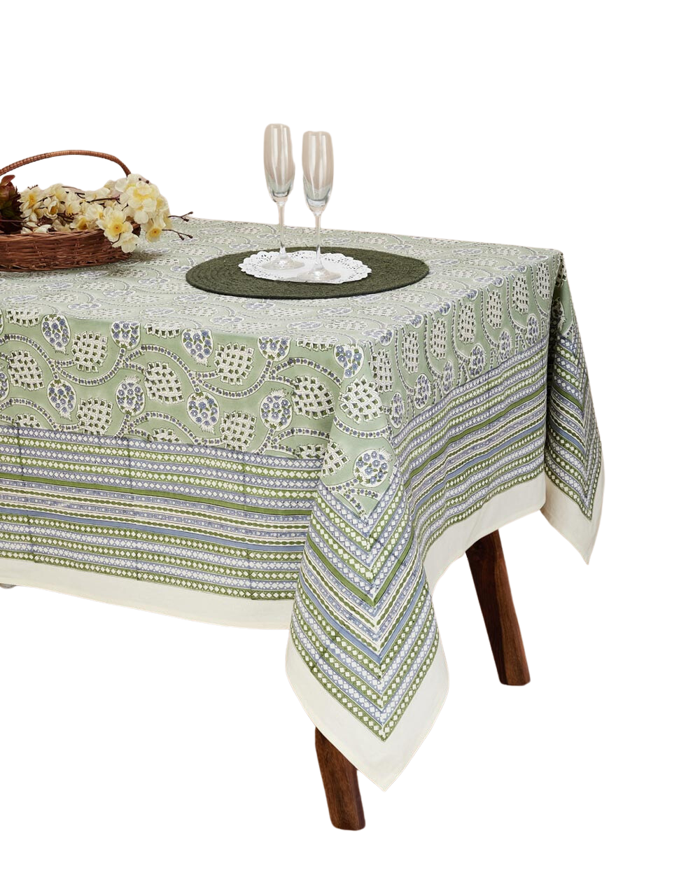 Mantel rectangular 100% algodón estampado a mano. Shalimar Anaar verde