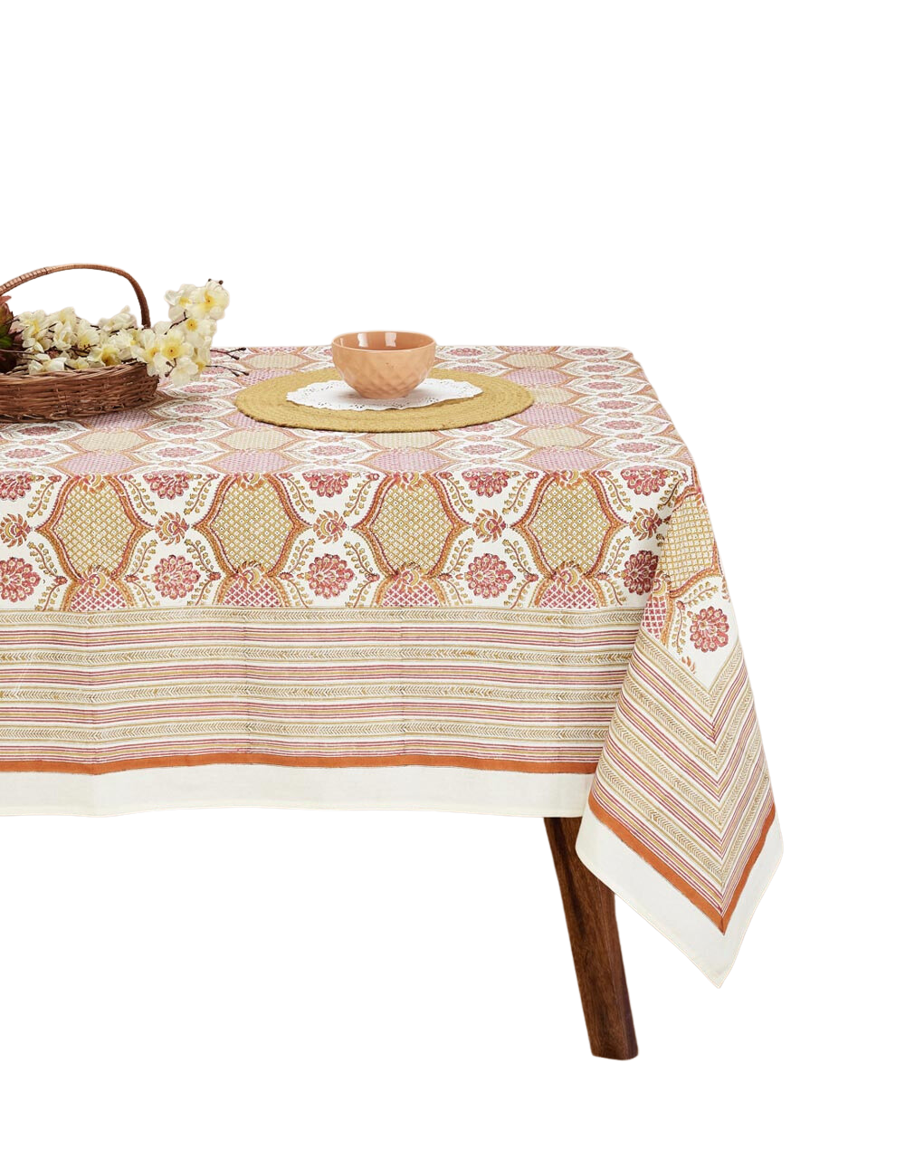 Mantel rectangular 100% algodón estampado a mano. Shalimar Jaal mostaza