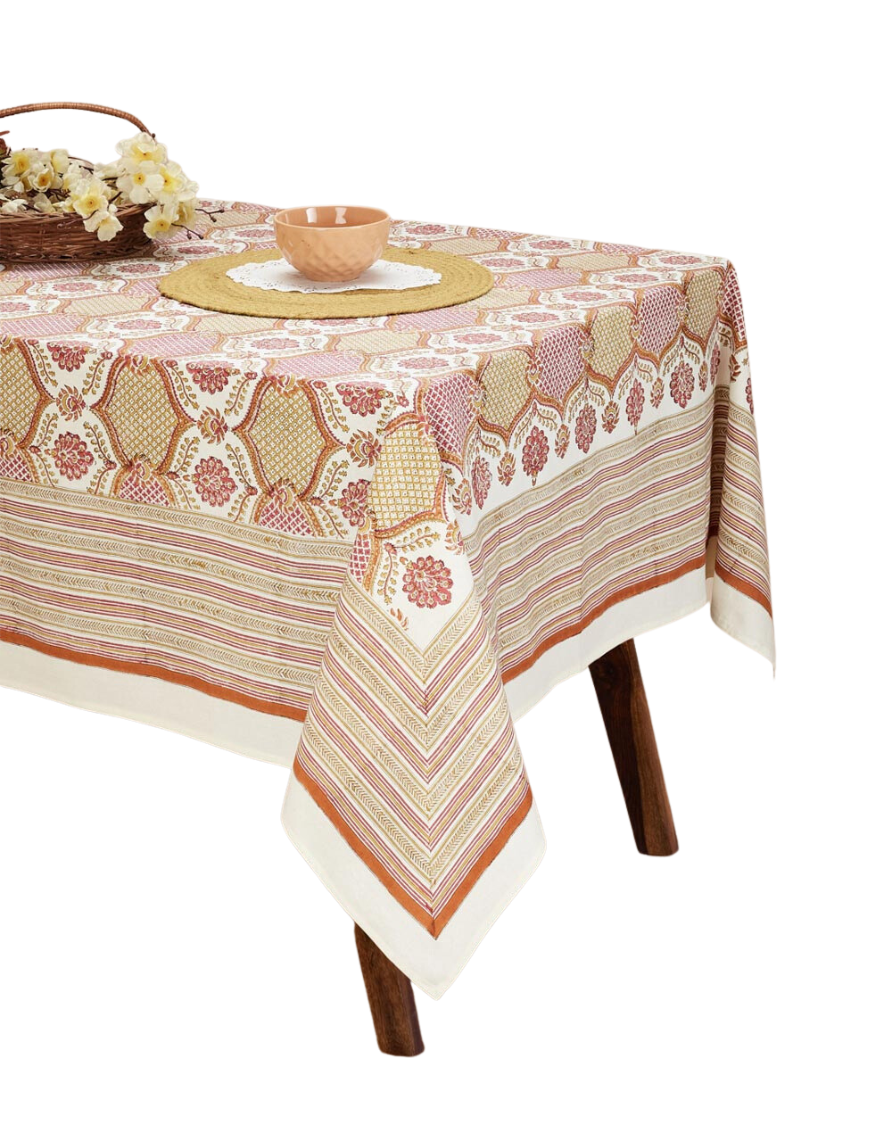Mantel rectangular 100% algodón estampado a mano. Shalimar Jaal mostaza