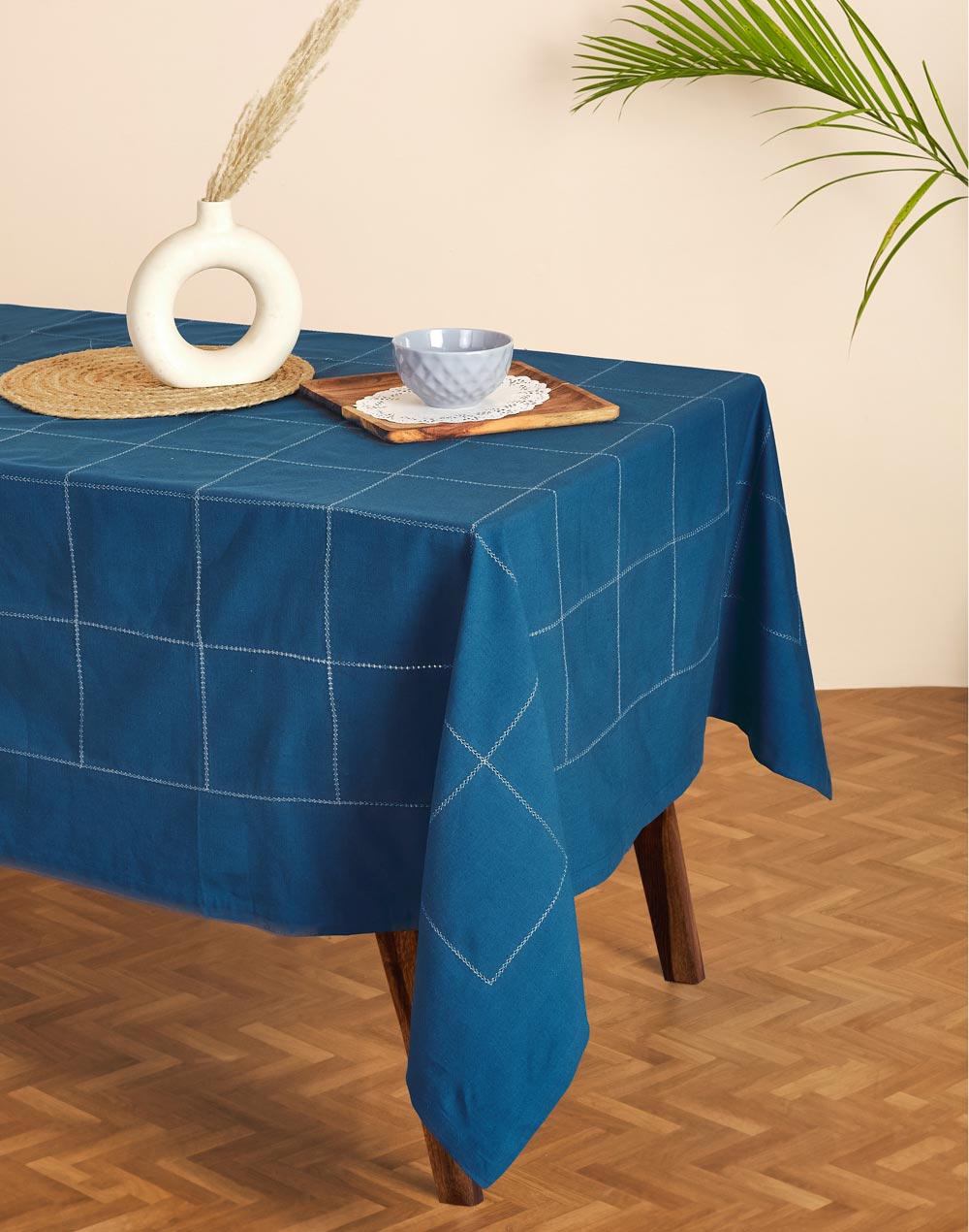 Mantel rectangular 100% algodón tejido en telar. Aakarik azul