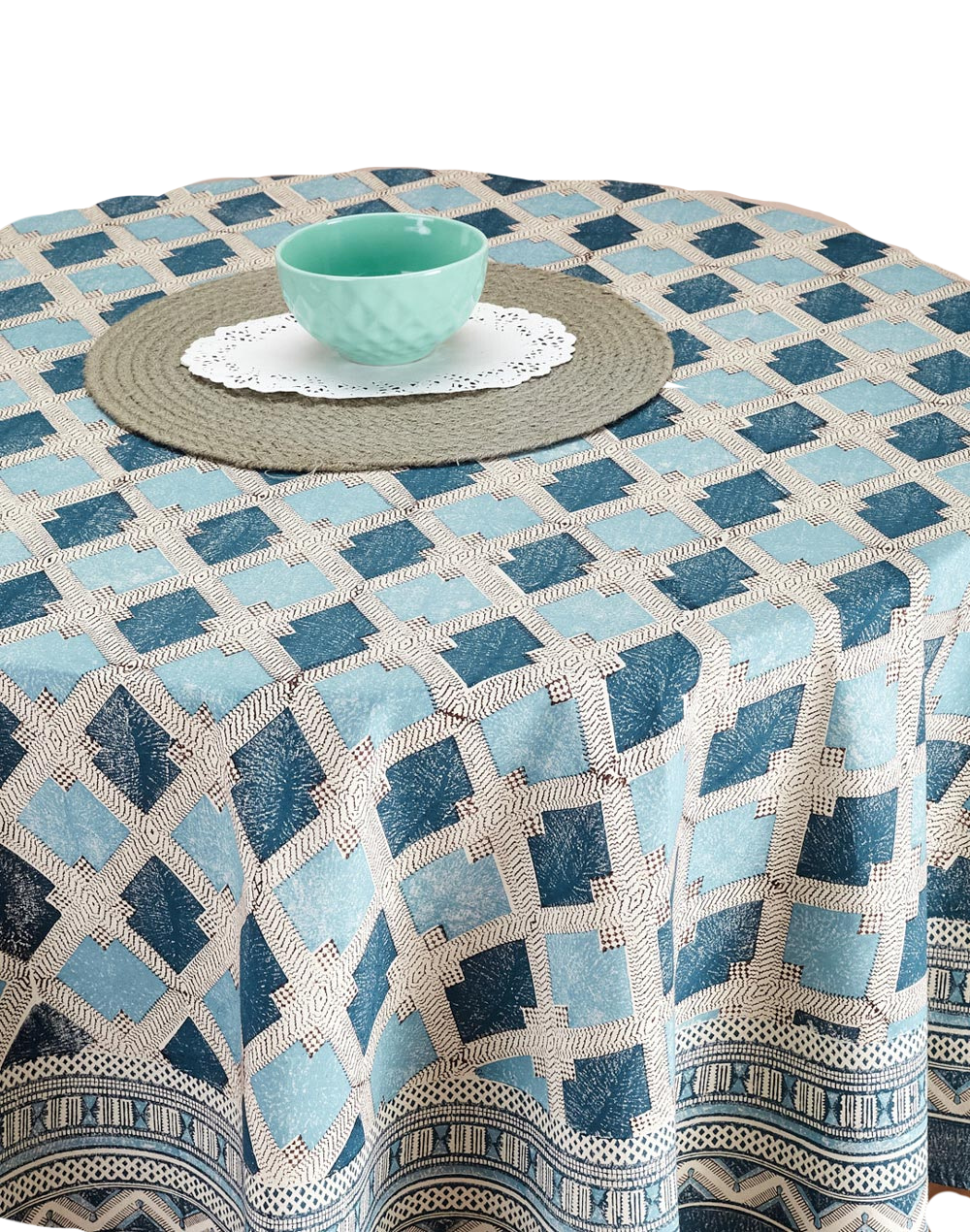 Mantel redondo 100% algodón estampado a mano. Eartfiles Azul