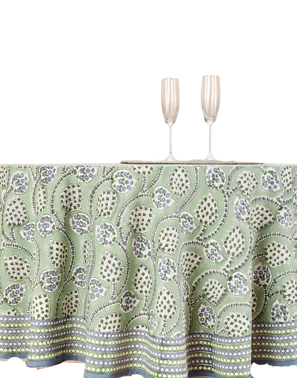 Mantel redondo 100% algodón estampado a mano. Shalimar Anaar verde