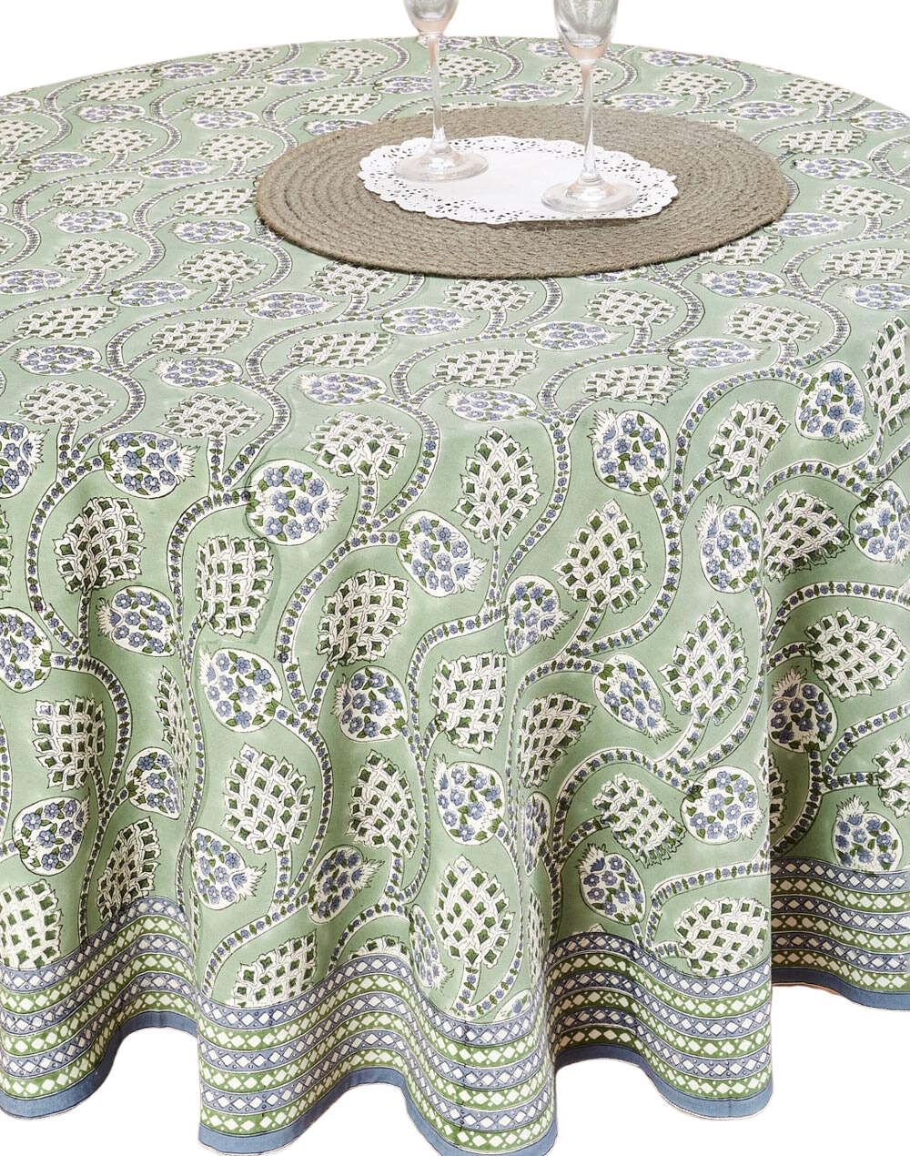 Mantel redondo 100% algodón estampado a mano. Shalimar Anaar verde