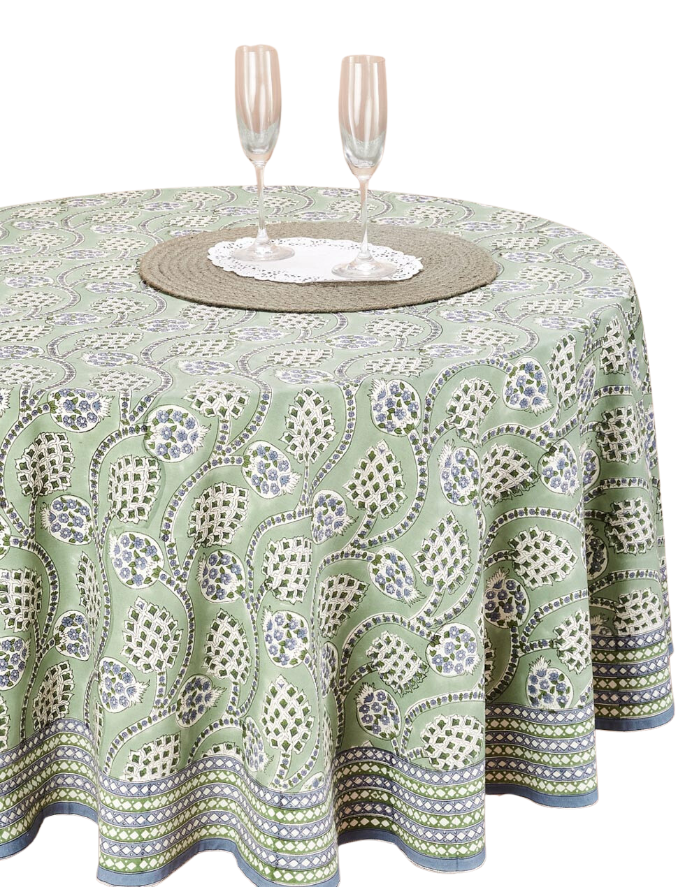Mantel redondo 100% algodón estampado a mano. Shalimar Anaar verde