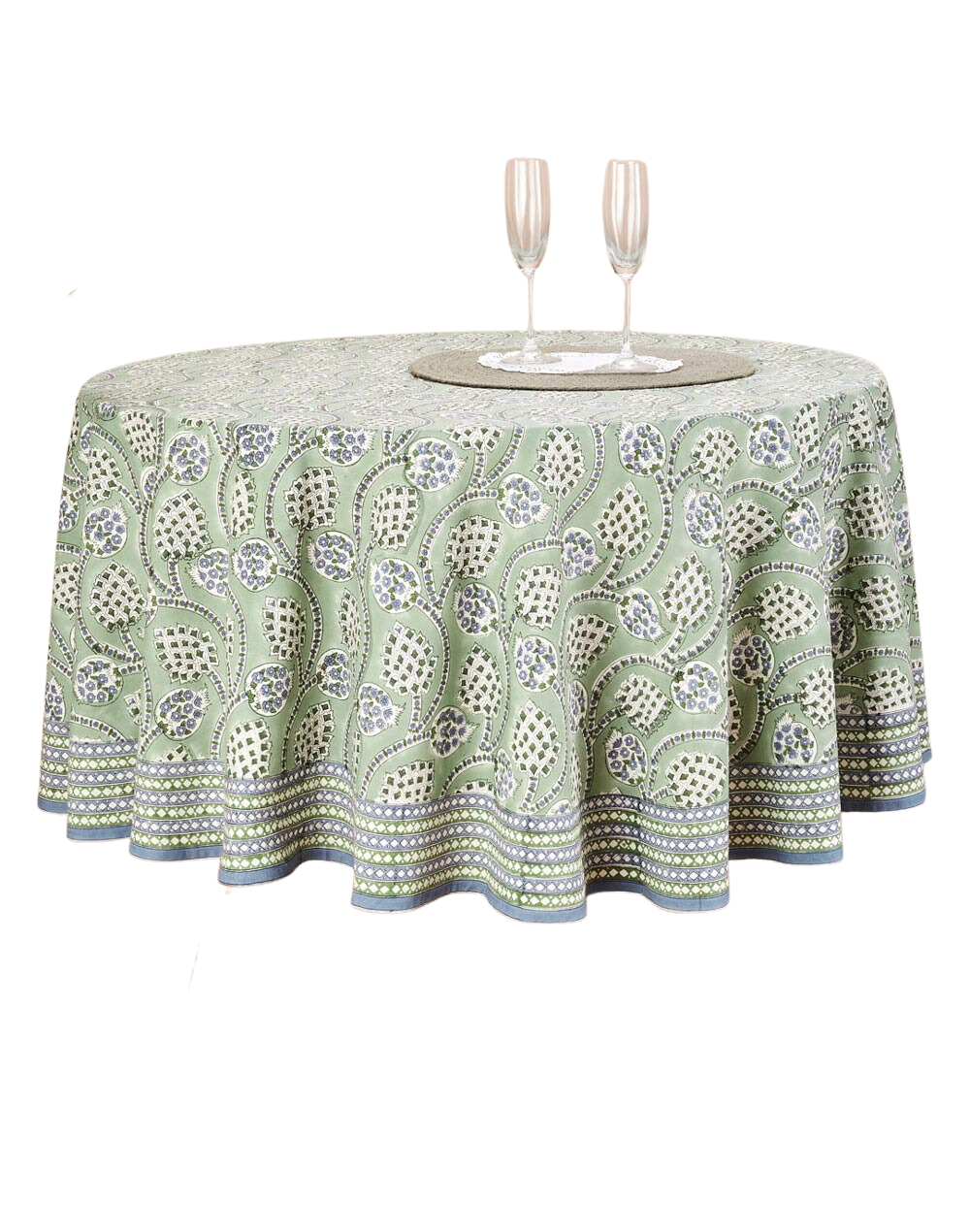 Mantel redondo 100% algodón estampado a mano. Shalimar Anaar verde