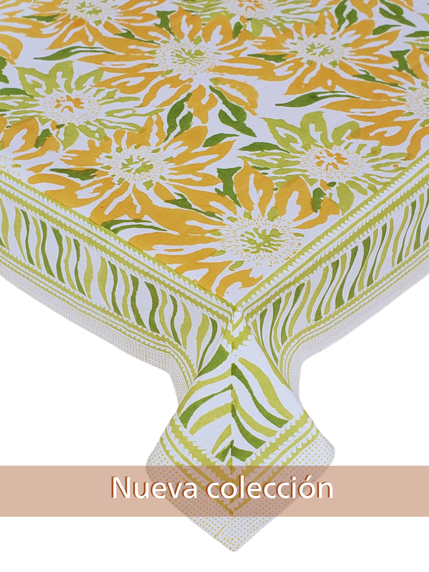 Mantel rectangular 100% algodón estampado a mano. Girasoles