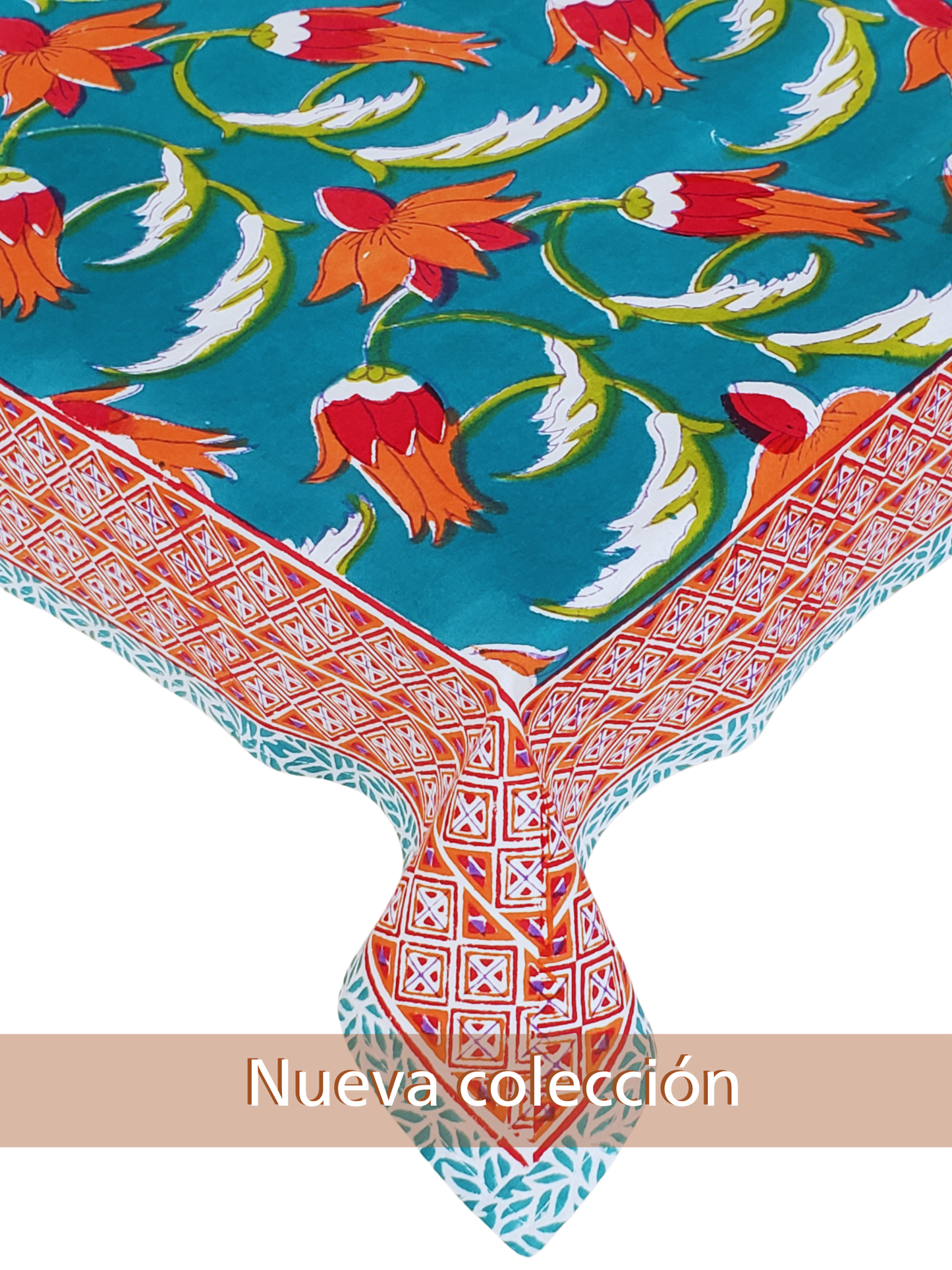 Mantel rectangular 100% algodón estampado a mano. Protea en turquesa