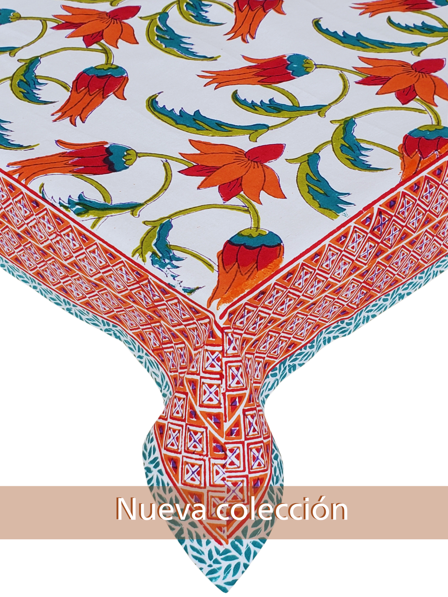 Mantel rectangular 100% algodón estampado a mano. Protea en blanco